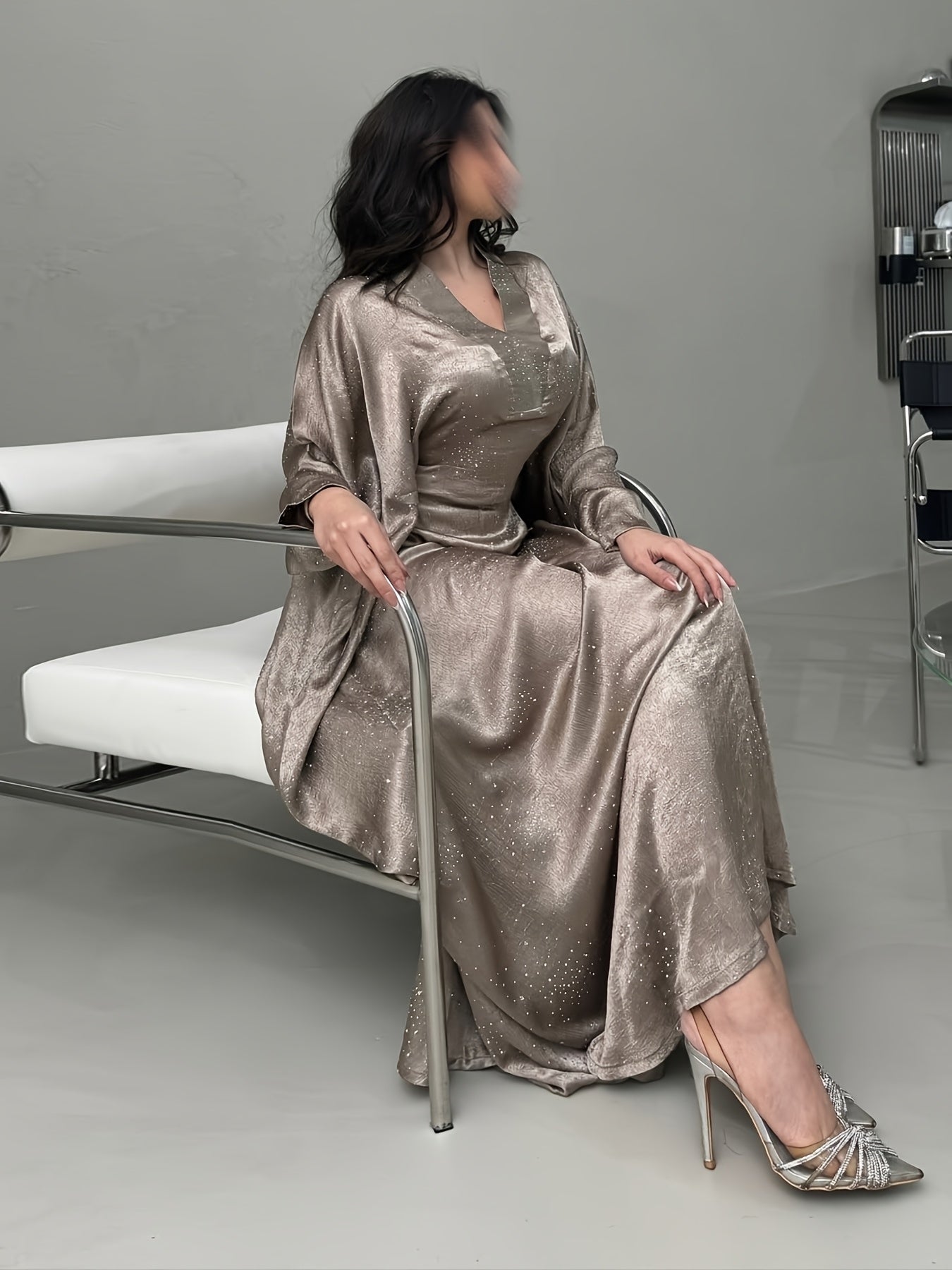 Elegant Blue Rhinestone Abaya – Modest Maxi Dress for Women