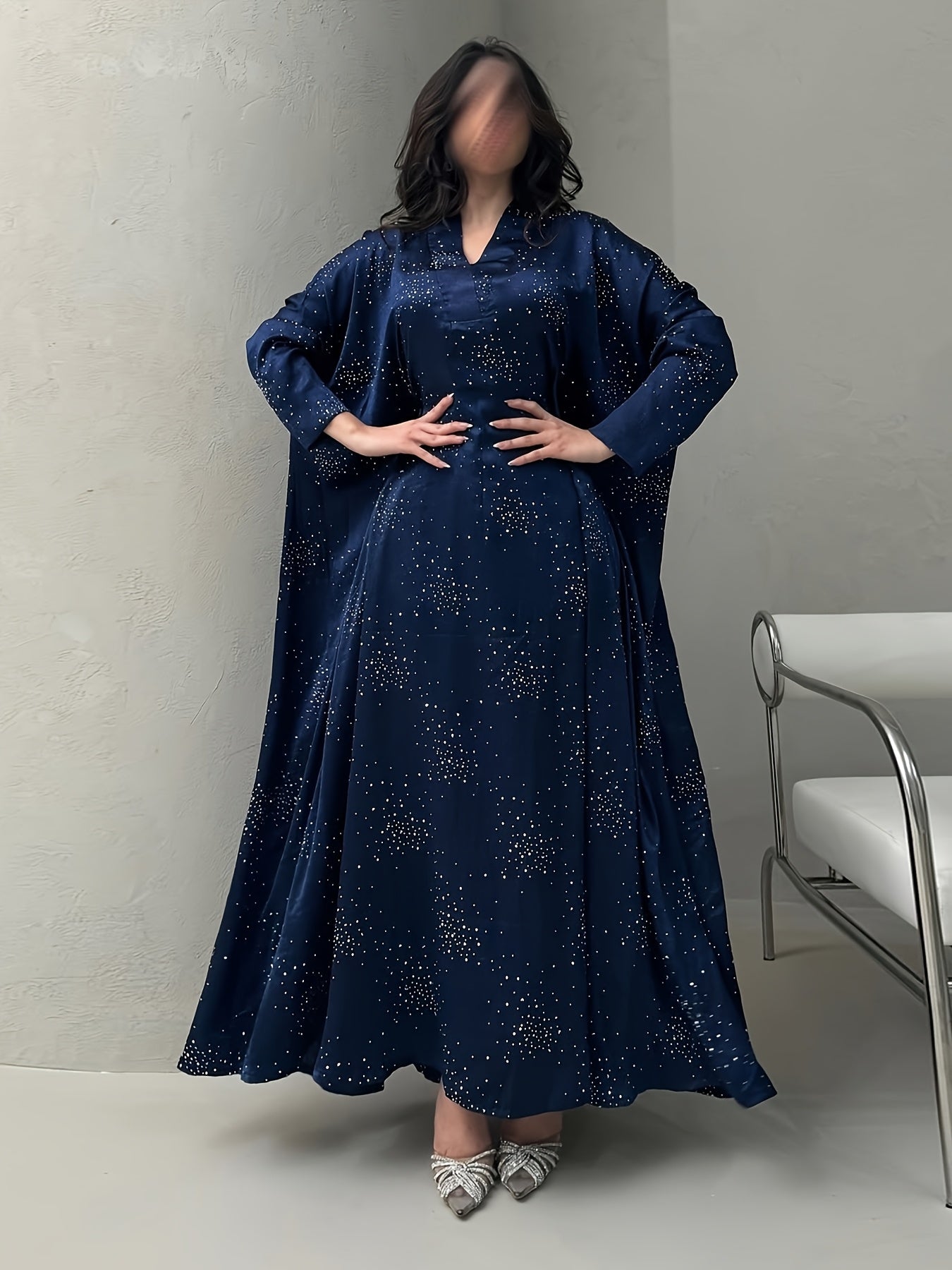 Elegant Blue Rhinestone Abaya – Modest Maxi Dress for Women