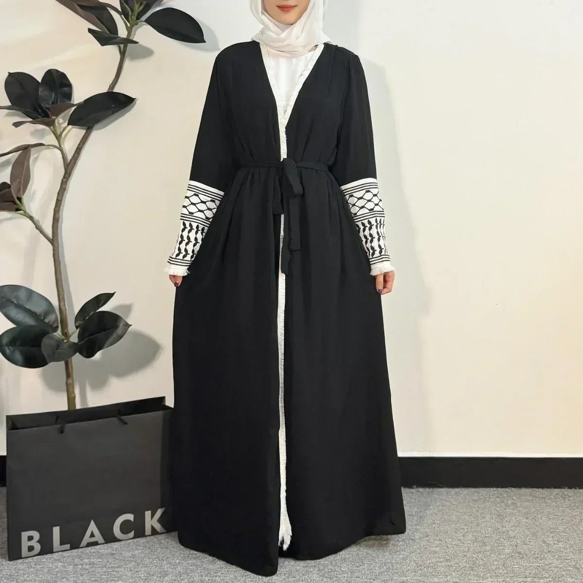 Elegant Embroidered Open Abaya – Muslim Women’s Maxi Cardigan with Tassels | Kaftan Jilbab Style