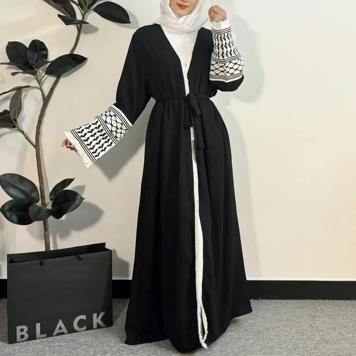 Elegant Embroidered Open Abaya – Muslim Women’s Maxi Cardigan with Tassels | Kaftan Jilbab Style