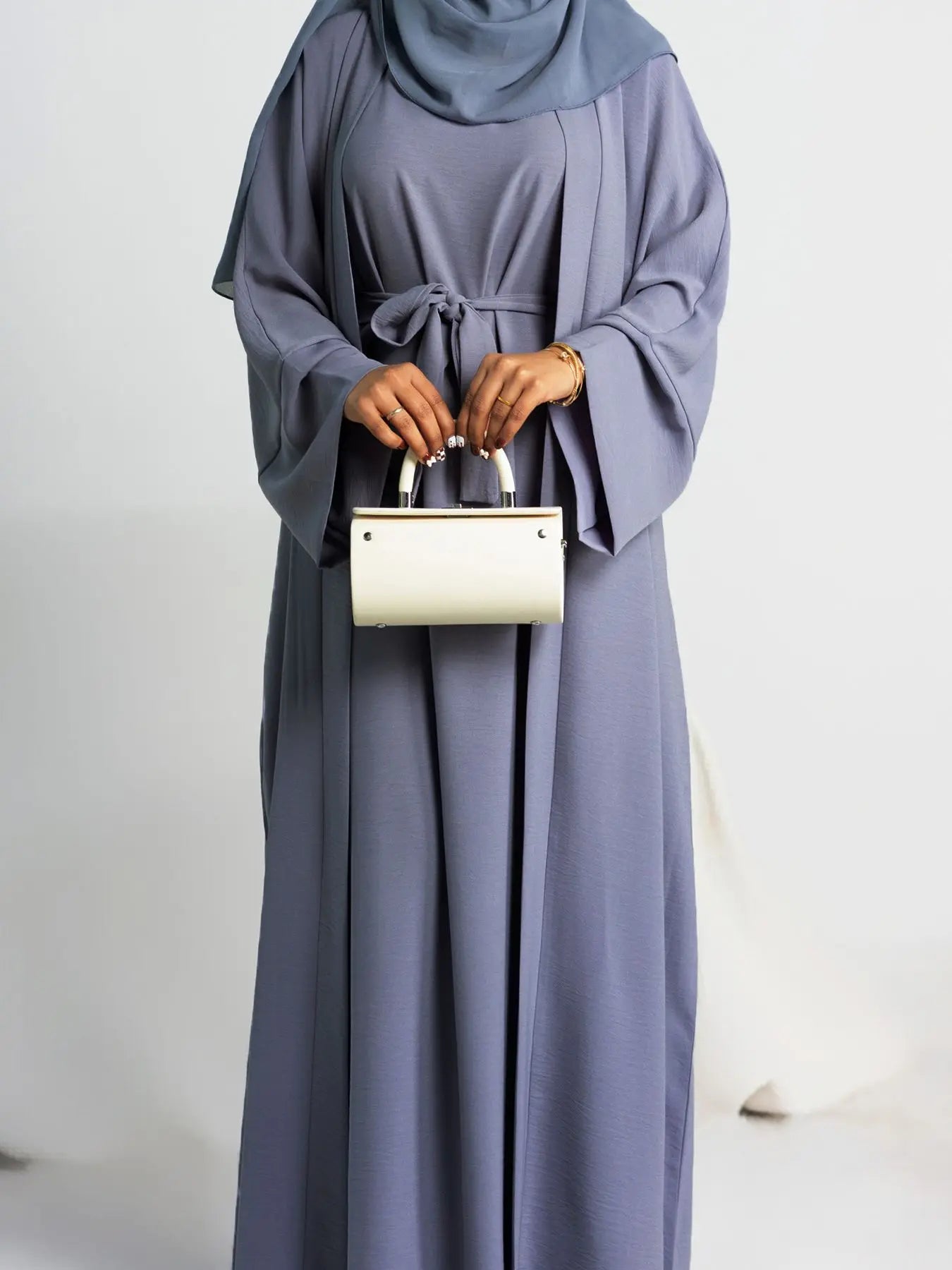 Women’s 2-Piece Abaya Set – Open Abaya with Inner Sleeveless Dress & Hijab | Islamic Clothing