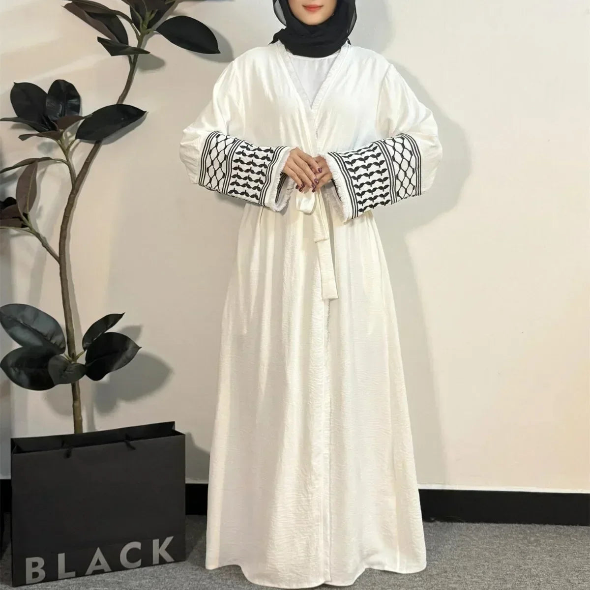 Elegant Embroidered Open Abaya – Muslim Women’s Maxi Cardigan with Tassels | Kaftan Jilbab Style