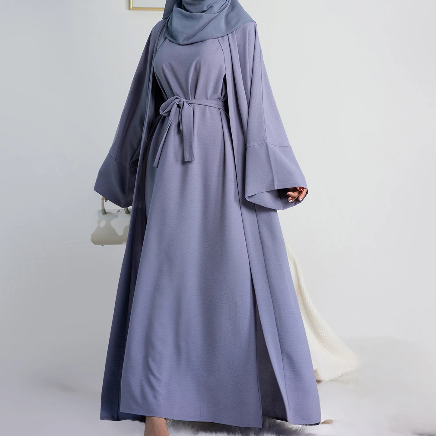 Women’s 2-Piece Abaya Set – Open Abaya with Inner Sleeveless Dress & Hijab | Islamic Clothing