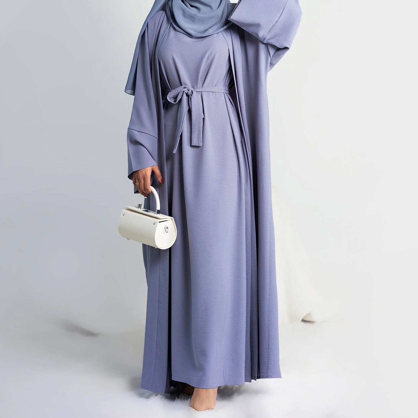 Women’s 2-Piece Abaya Set – Open Abaya with Inner Sleeveless Dress & Hijab | Islamic Clothing