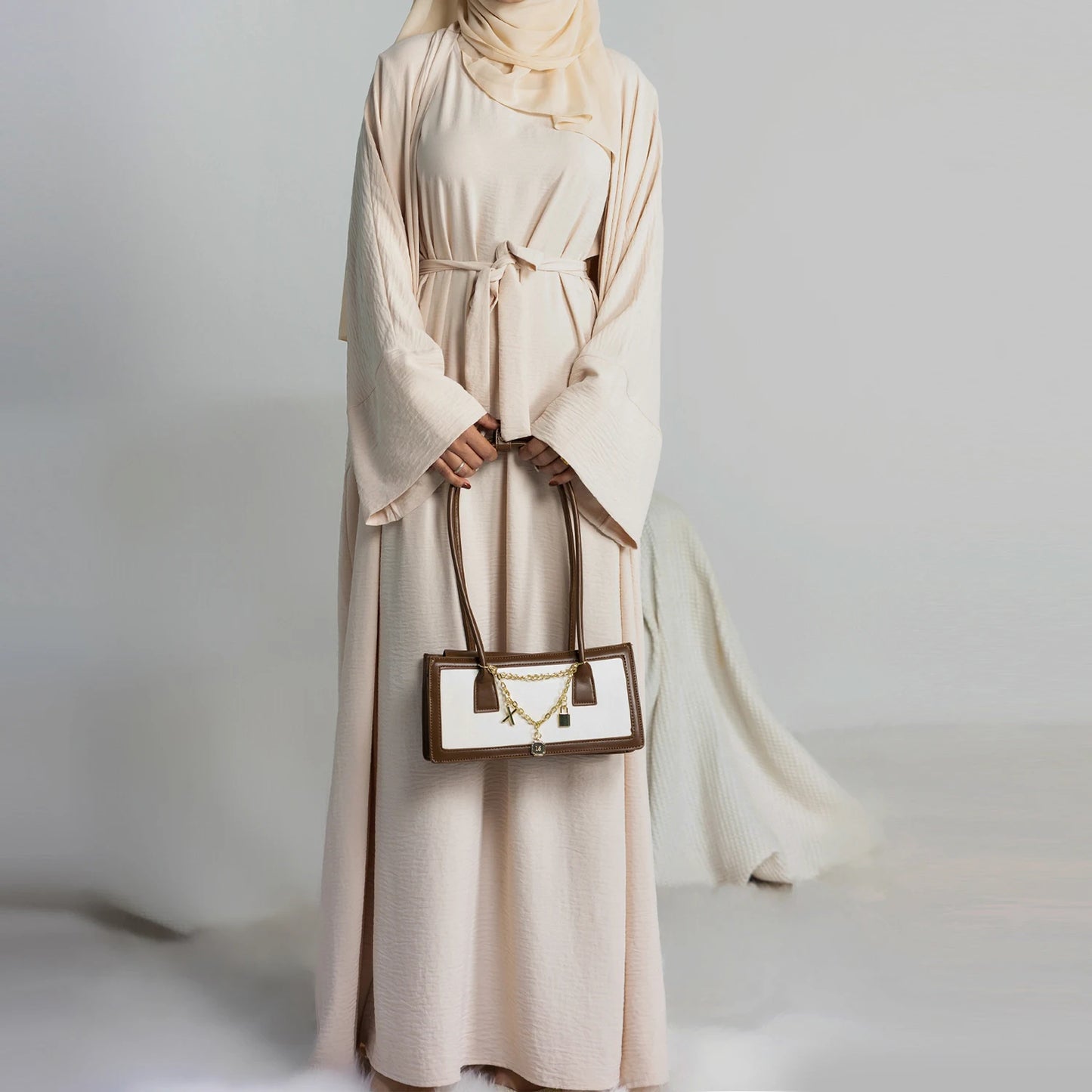 Women’s 2-Piece Abaya Set – Open Abaya with Inner Sleeveless Dress & Hijab | Islamic Clothing