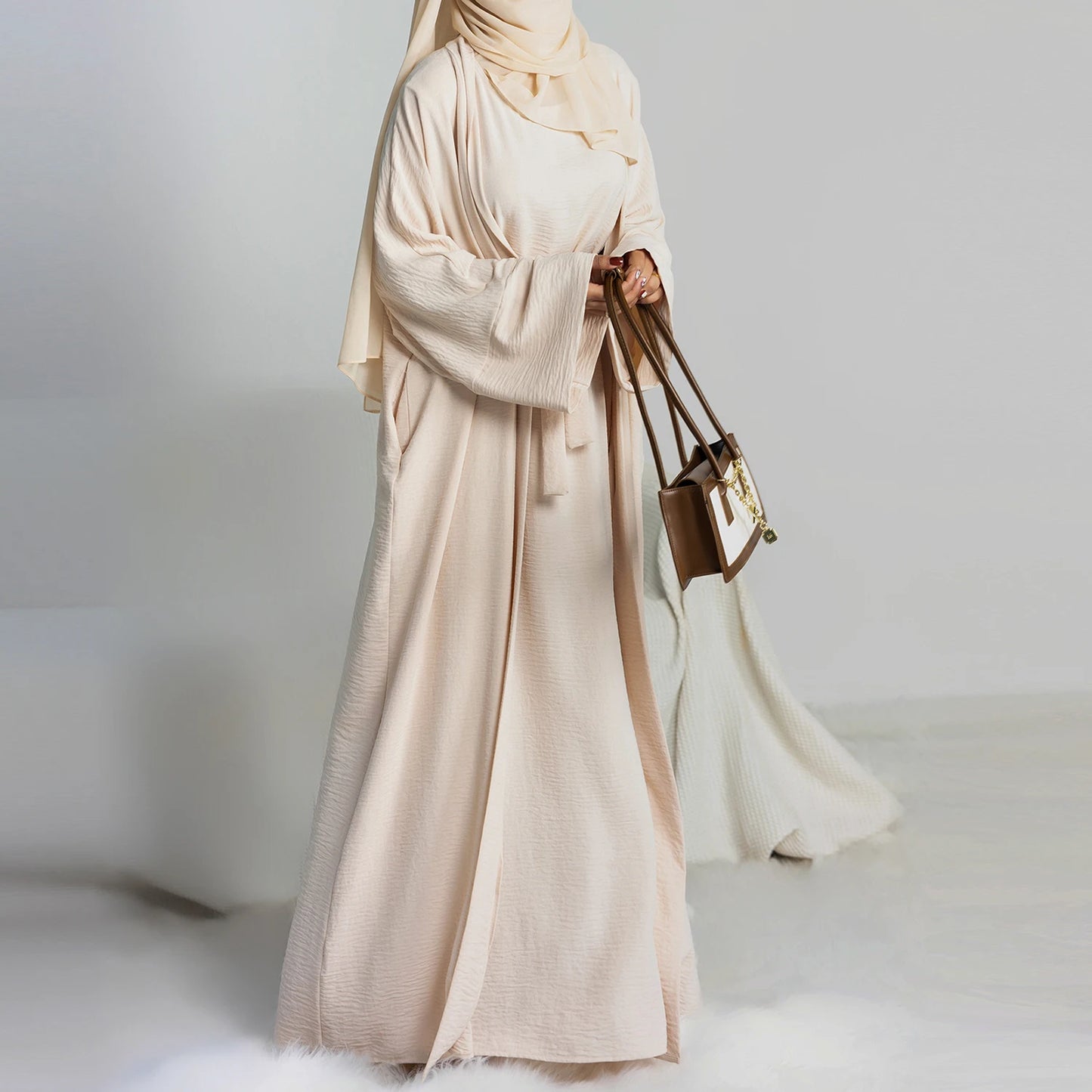 Women’s 2-Piece Abaya Set – Open Abaya with Inner Sleeveless Dress & Hijab | Islamic Clothing