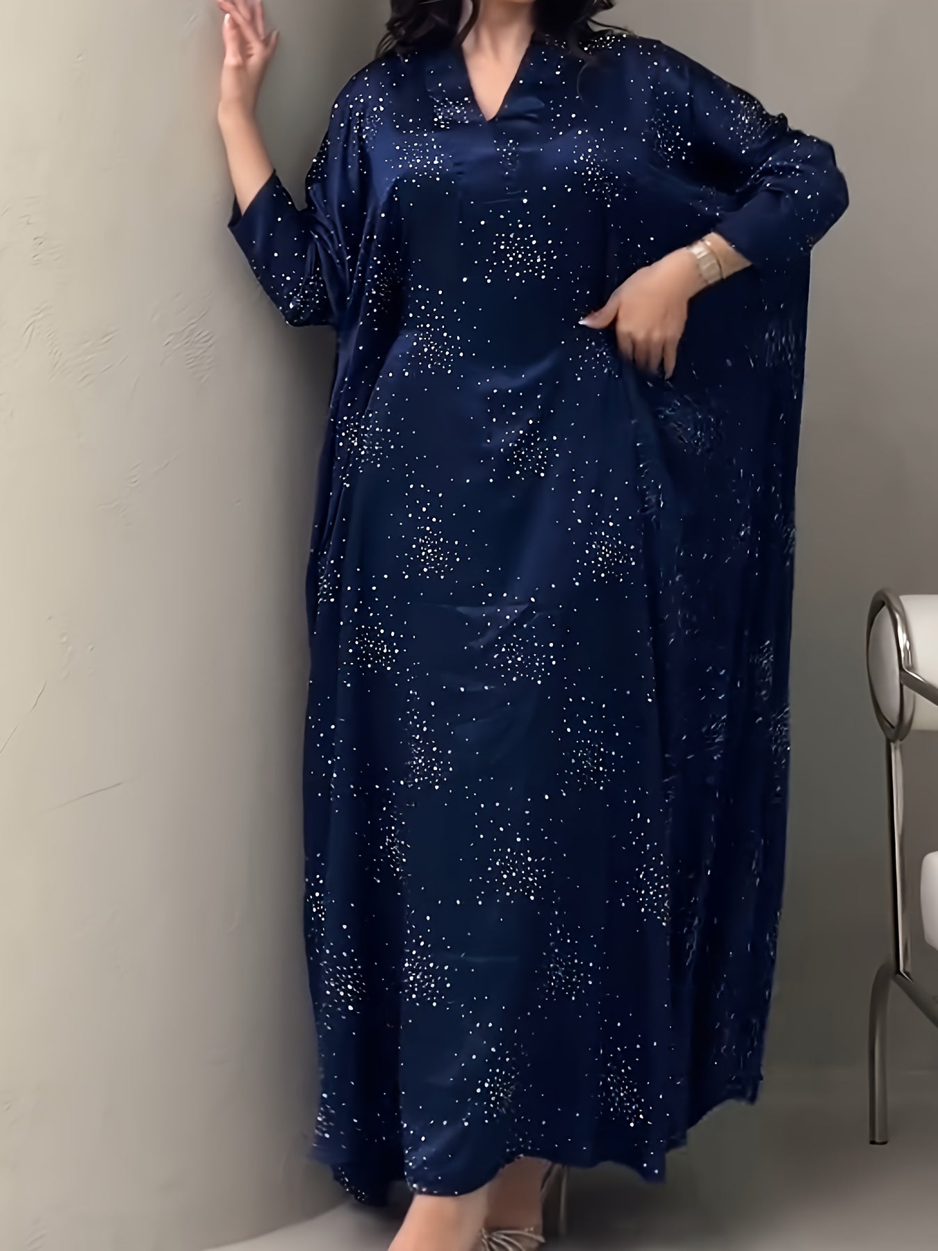 Elegant Blue Rhinestone Abaya – Modest Maxi Dress for Women