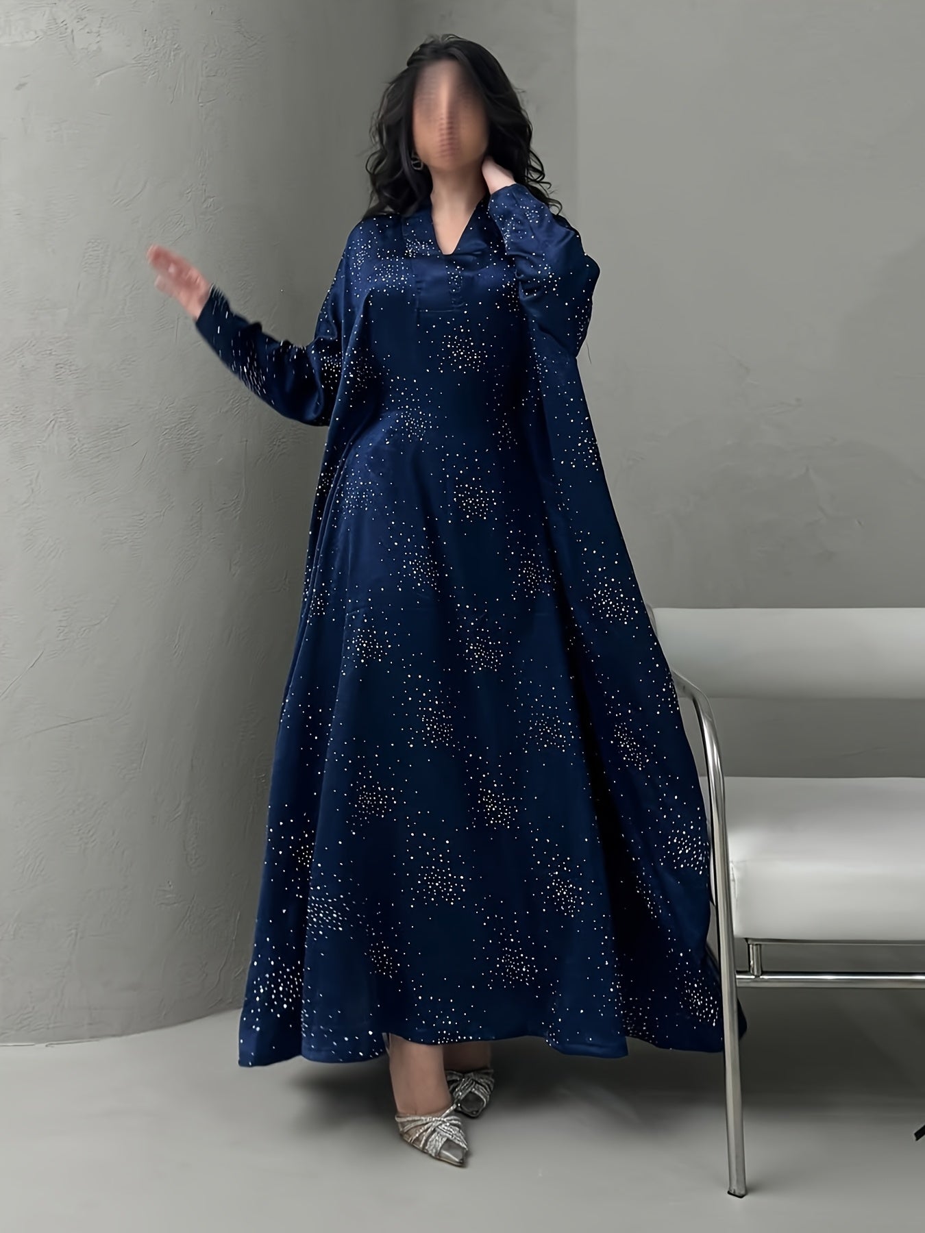 Elegant Blue Rhinestone Abaya – Modest Maxi Dress for Women
