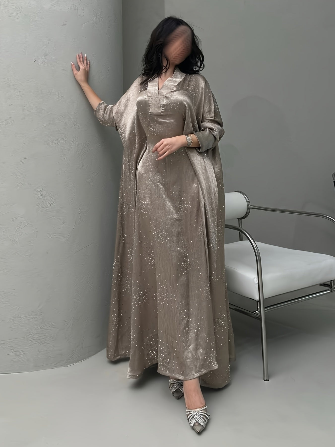 Elegant Blue Rhinestone Abaya – Modest Maxi Dress for Women
