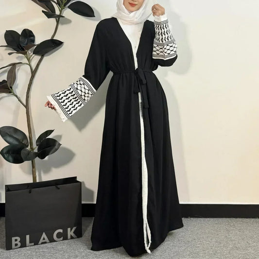 Elegant Embroidered Open Abaya – Muslim Women’s Maxi Cardigan with Tassels | Kaftan Jilbab Style