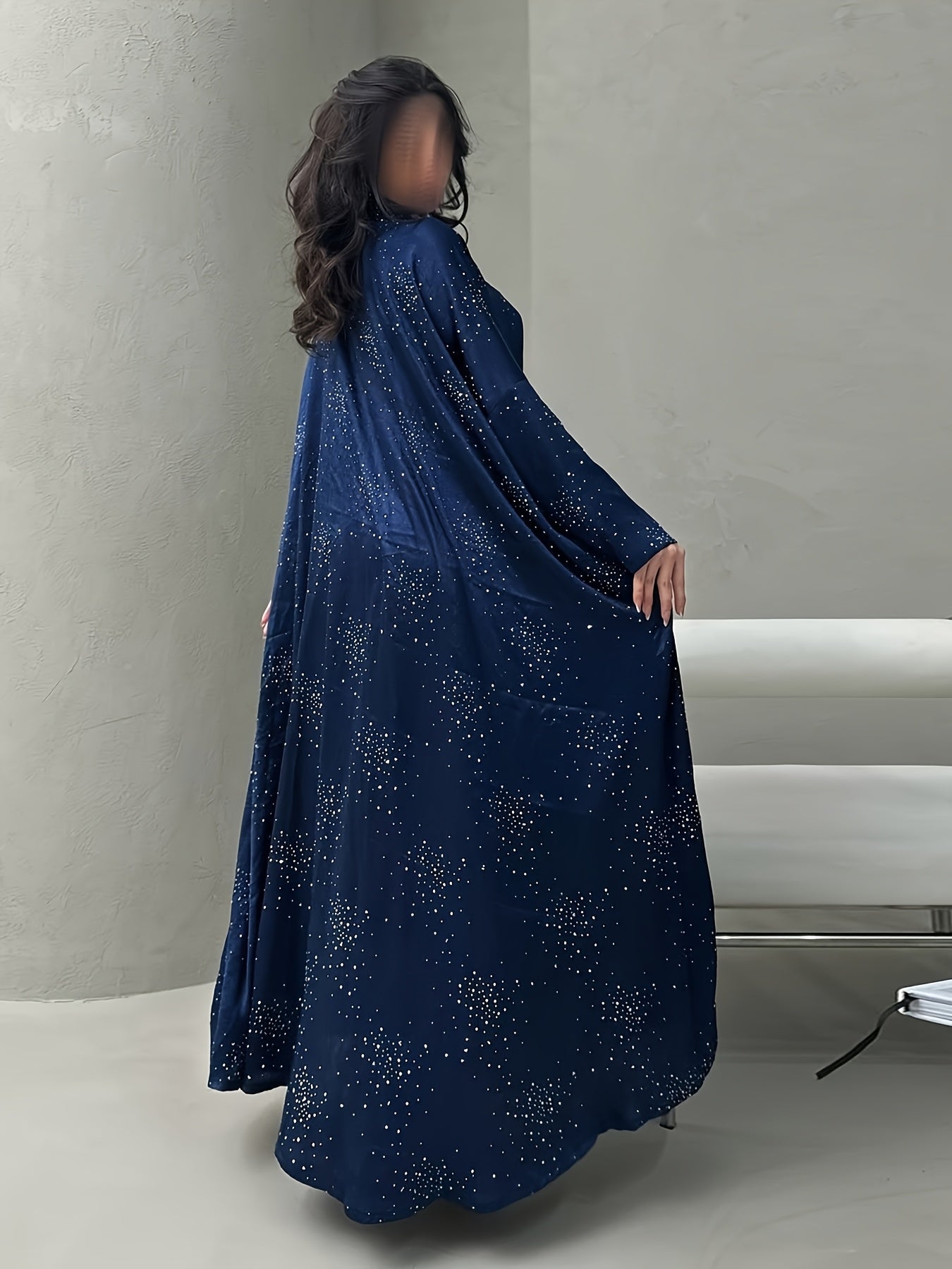Elegant Blue Rhinestone Abaya – Modest Maxi Dress for Women