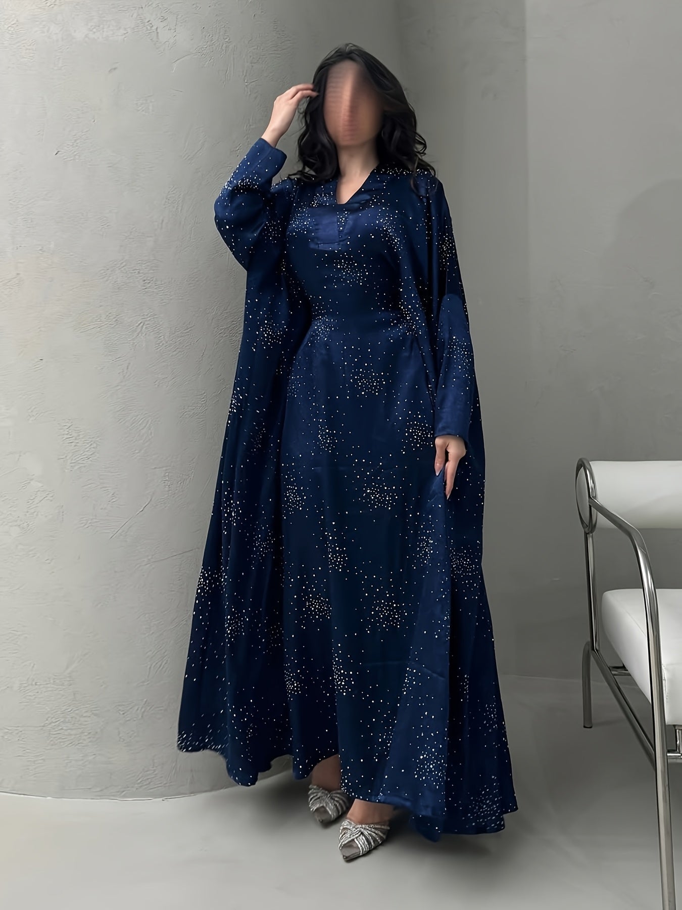 Elegant Blue Rhinestone Abaya – Modest Maxi Dress for Women
