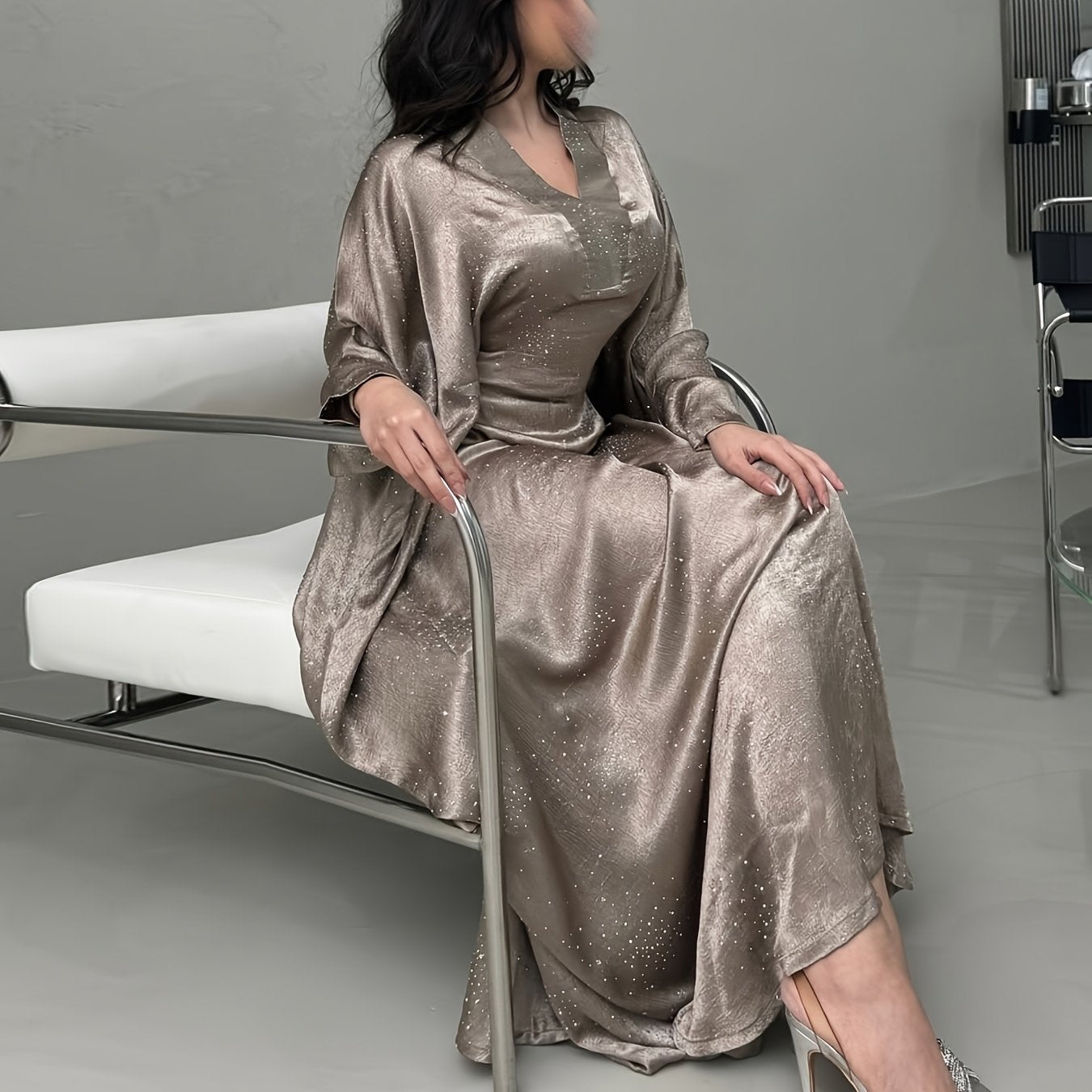 Elegant Blue Rhinestone Abaya – Modest Maxi Dress for Women