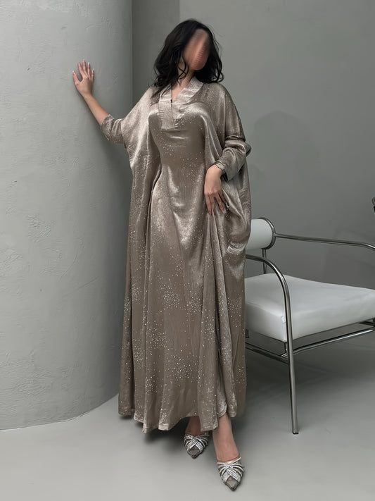 Elegant Blue Rhinestone Abaya – Modest Maxi Dress for Women