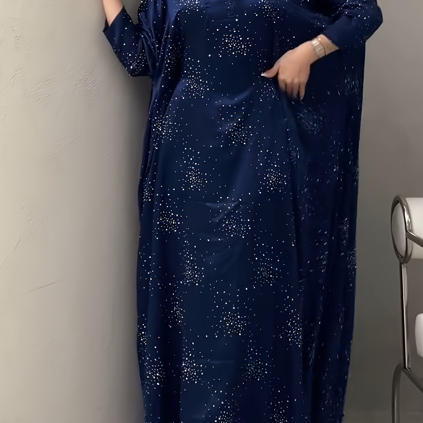 Elegant Blue Rhinestone Abaya – Modest Maxi Dress for Women
